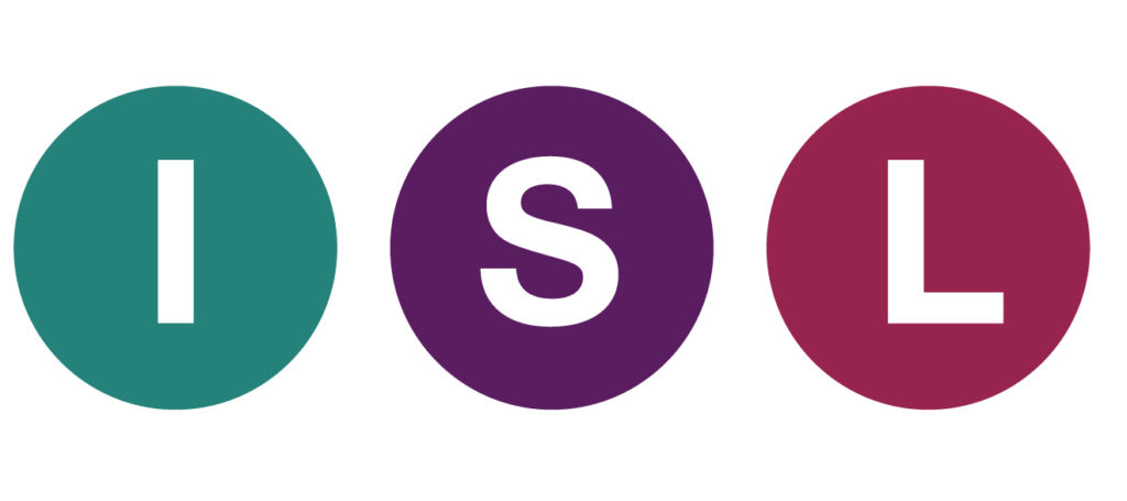 The letters I S L in teal, purple, and maroon circles.