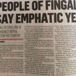 Newspaper clipping, headline reads "People of Fingal Say Emphatic Yes"