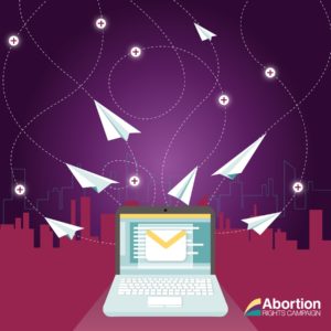 A digital graphic of a laptop surrounded by lines and paper plane email sent symbols. The Abortion Rights Campaign logo is in the bottom right corner.