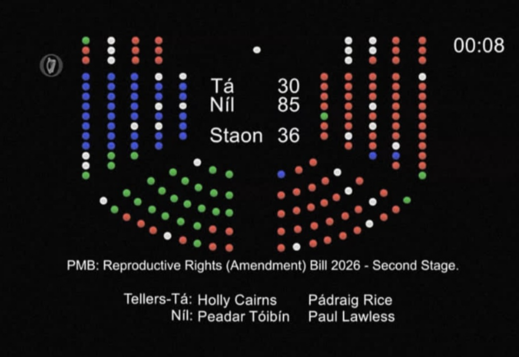 Image of the Dail vote showing that 30 voted in favour, 85 voted against, and 36 abstained. This is made up of red, white, blue and green dots