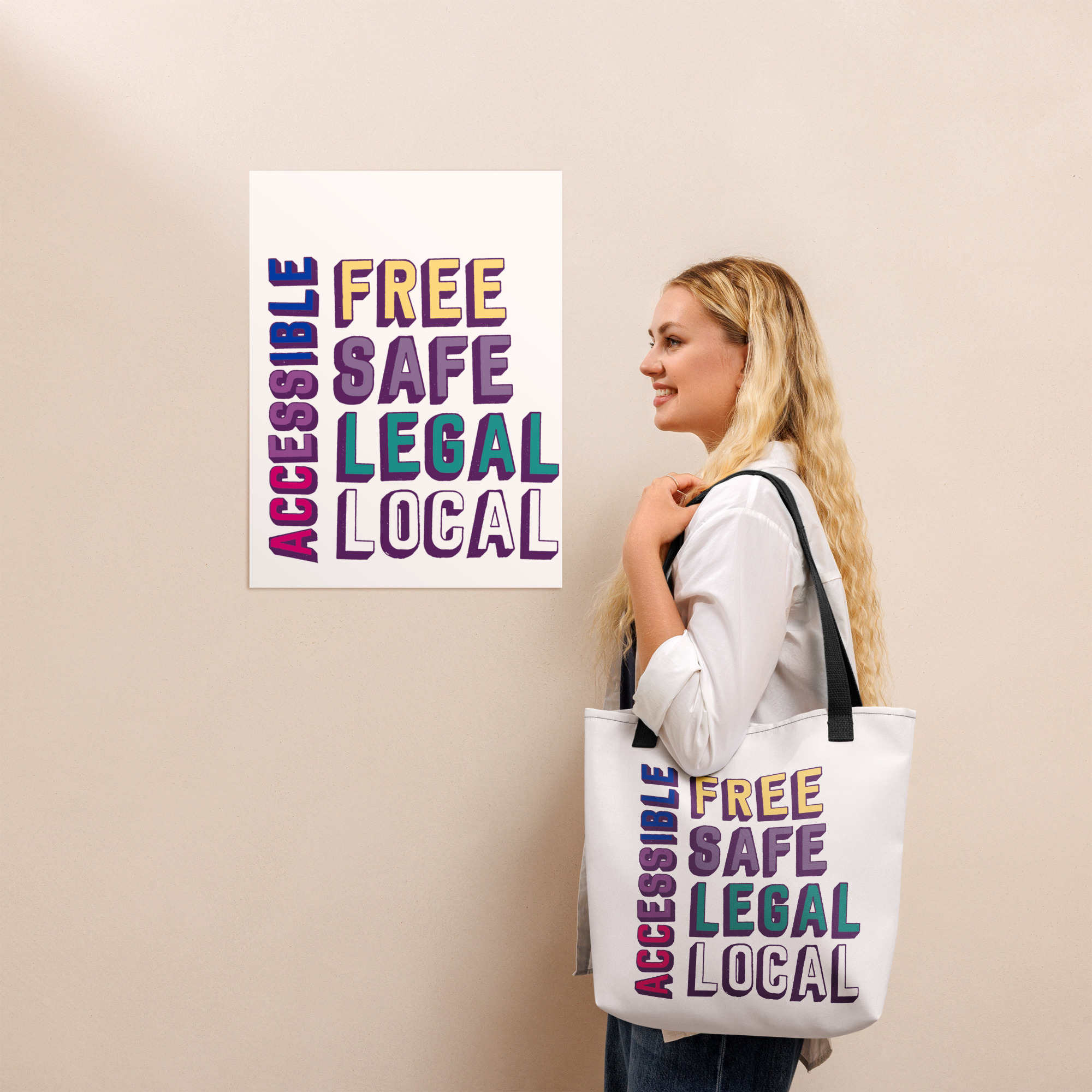 Free Safe Legal Local Accessible (bi pride colours) tote bag